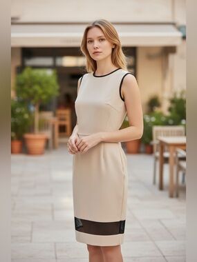 Sandra Angelozzi Cream Sleeveless Sheath Dress with Black Mesh Hem - Size 30